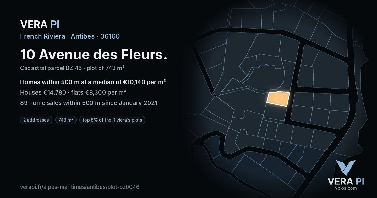 10 Avenue des Fleurs, Antibes at night – the plot lit, the parcels around coloured by the prices near them