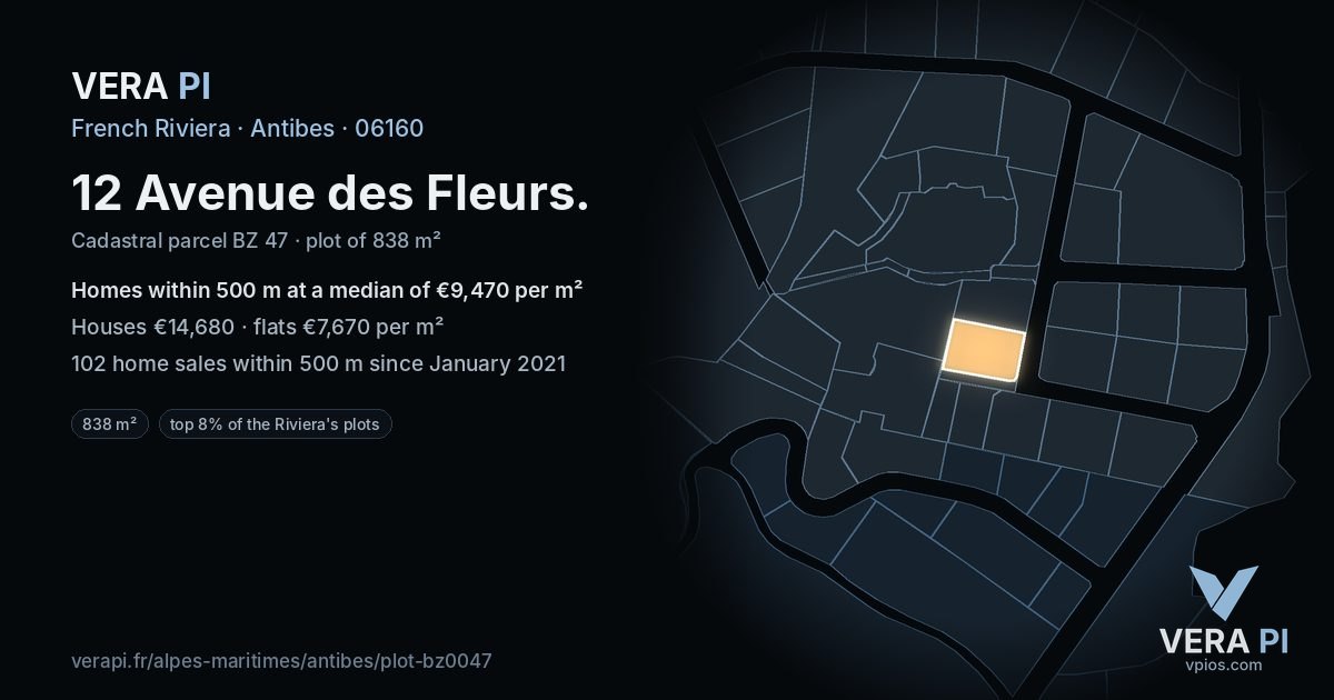 12 Avenue des Fleurs, Antibes at night – the plot lit, the parcels around coloured by the prices near them