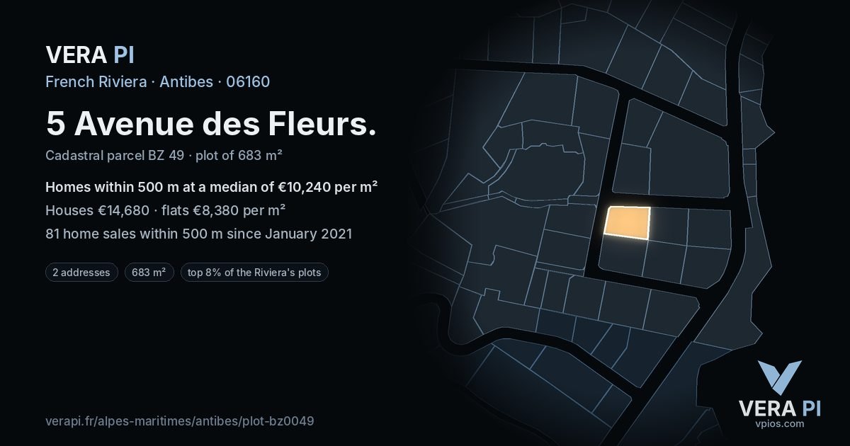 5 Avenue des Fleurs, Antibes at night – the plot lit, the parcels around coloured by the prices near them