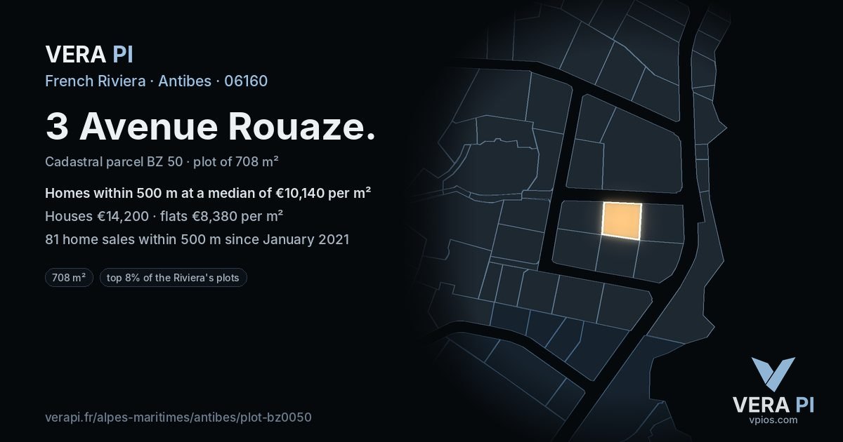 3 Avenue Rouaze, Antibes at night – the plot lit, the parcels around coloured by the prices near them