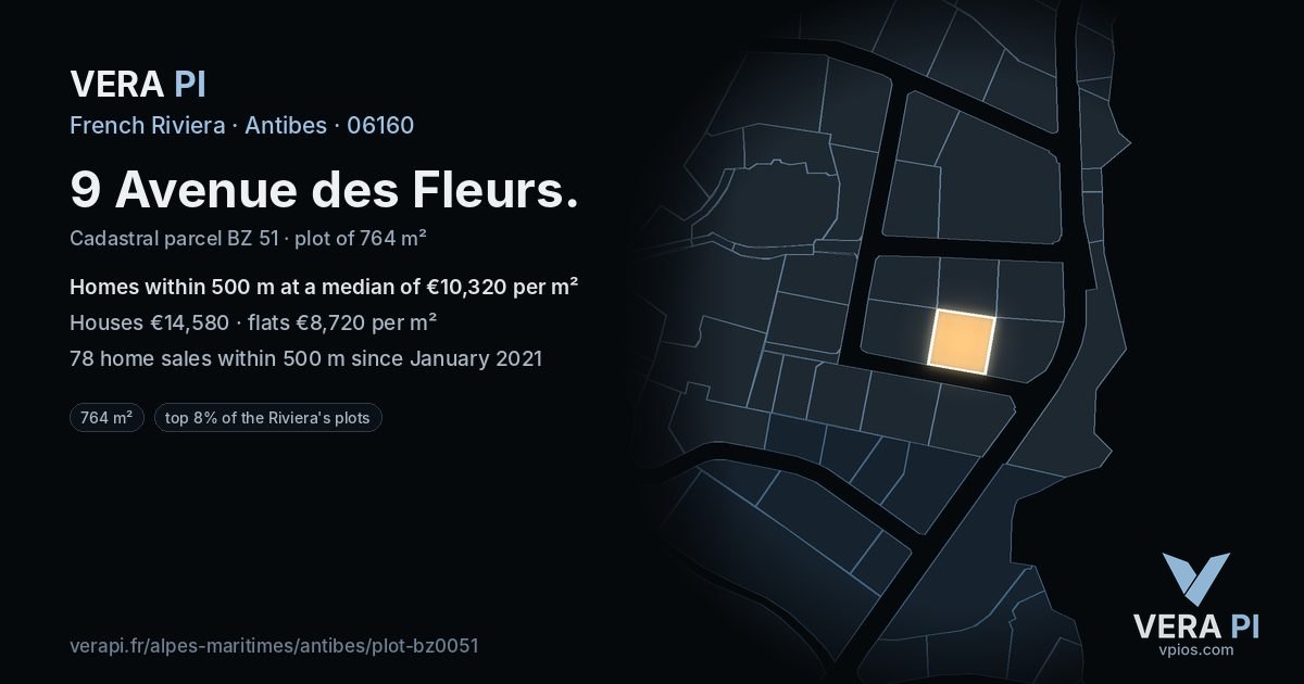 9 Avenue des Fleurs, Antibes at night – the plot lit, the parcels around coloured by the prices near them