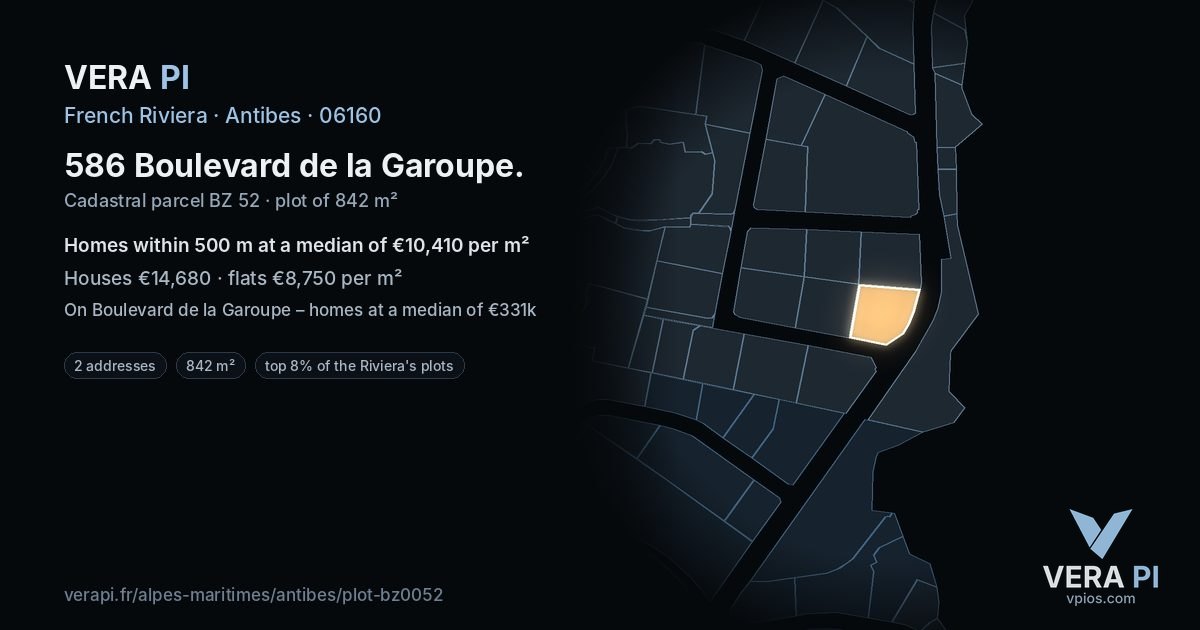 586 Boulevard de la Garoupe, Antibes at night – the plot lit, the parcels around coloured by the prices near them
