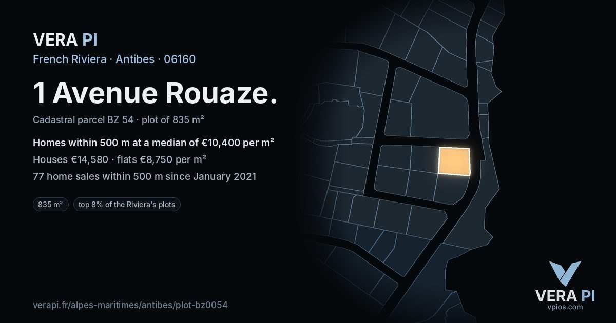 1 Avenue Rouaze, Antibes at night – the plot lit, the parcels around coloured by the prices near them