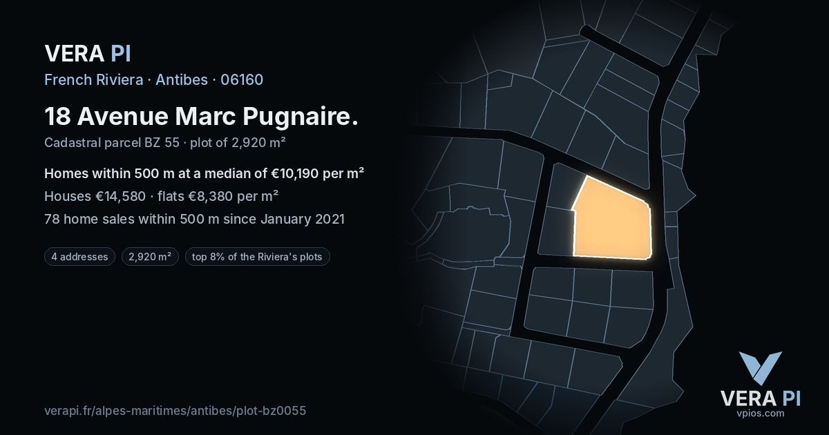 18 Avenue Marc Pugnaire, Antibes at night – the plot lit, the parcels around coloured by the prices near them