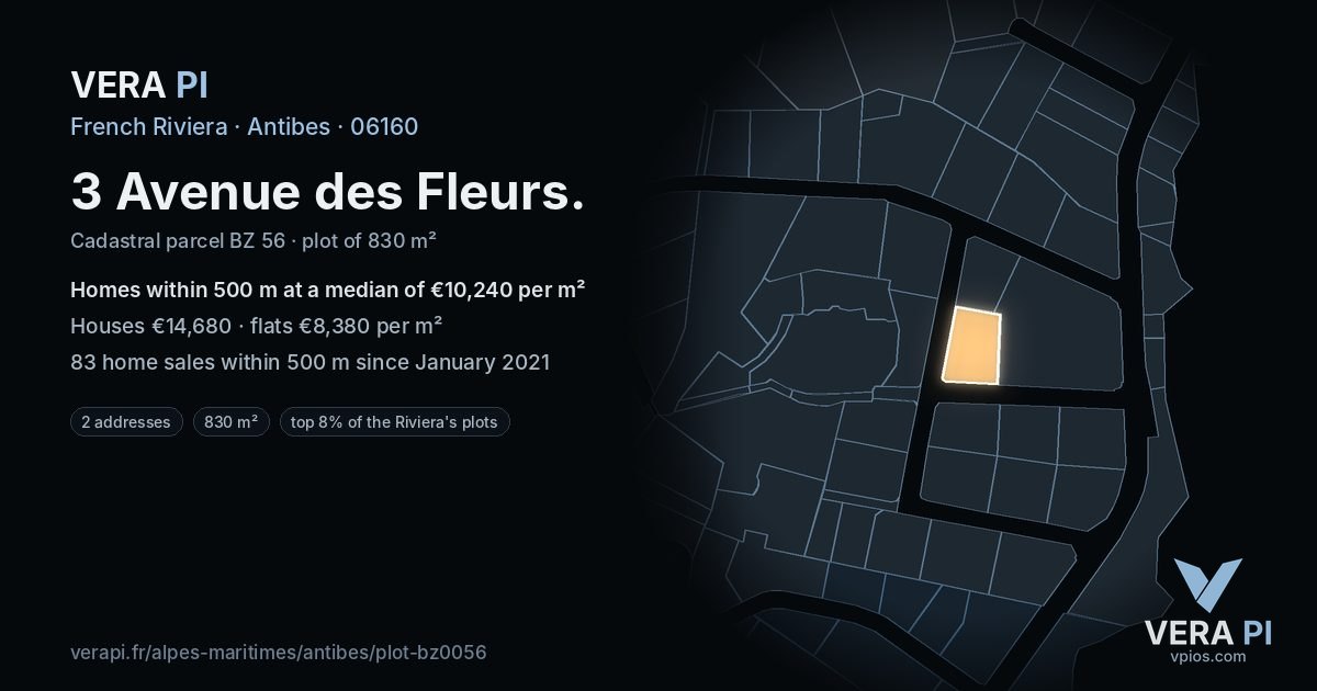 3 Avenue des Fleurs, Antibes at night – the plot lit, the parcels around coloured by the prices near them