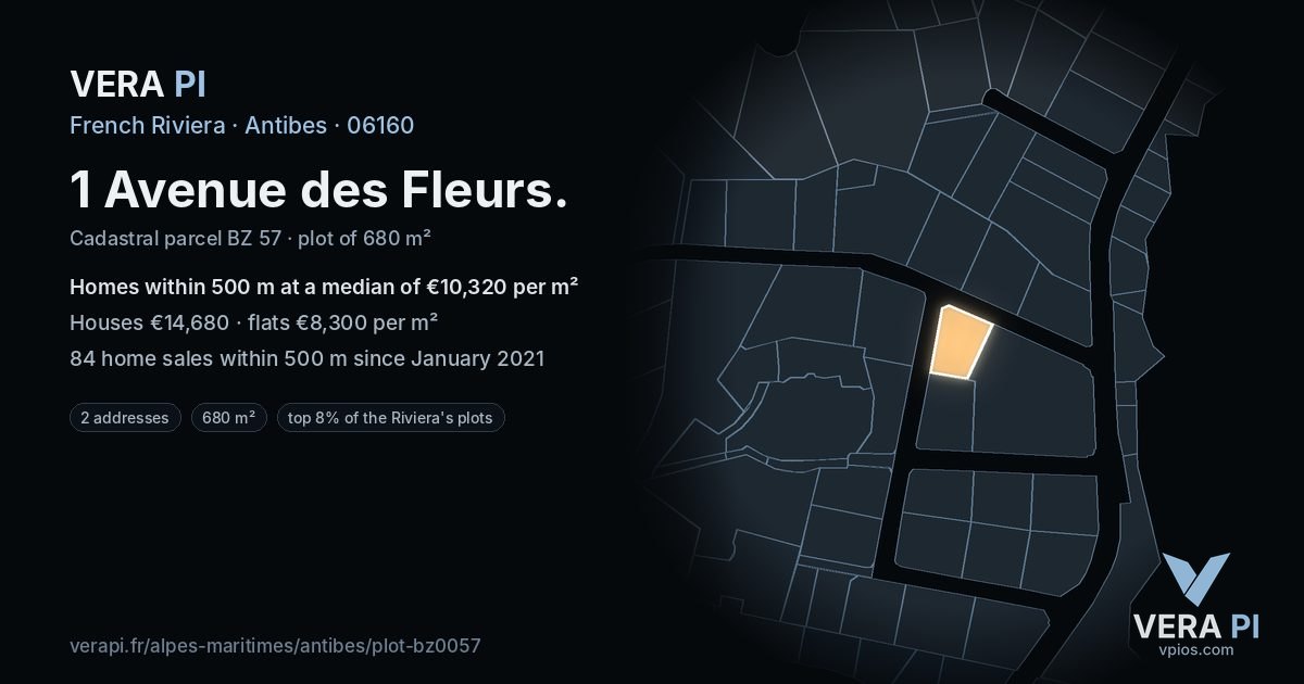 1 Avenue des Fleurs, Antibes at night – the plot lit, the parcels around coloured by the prices near them