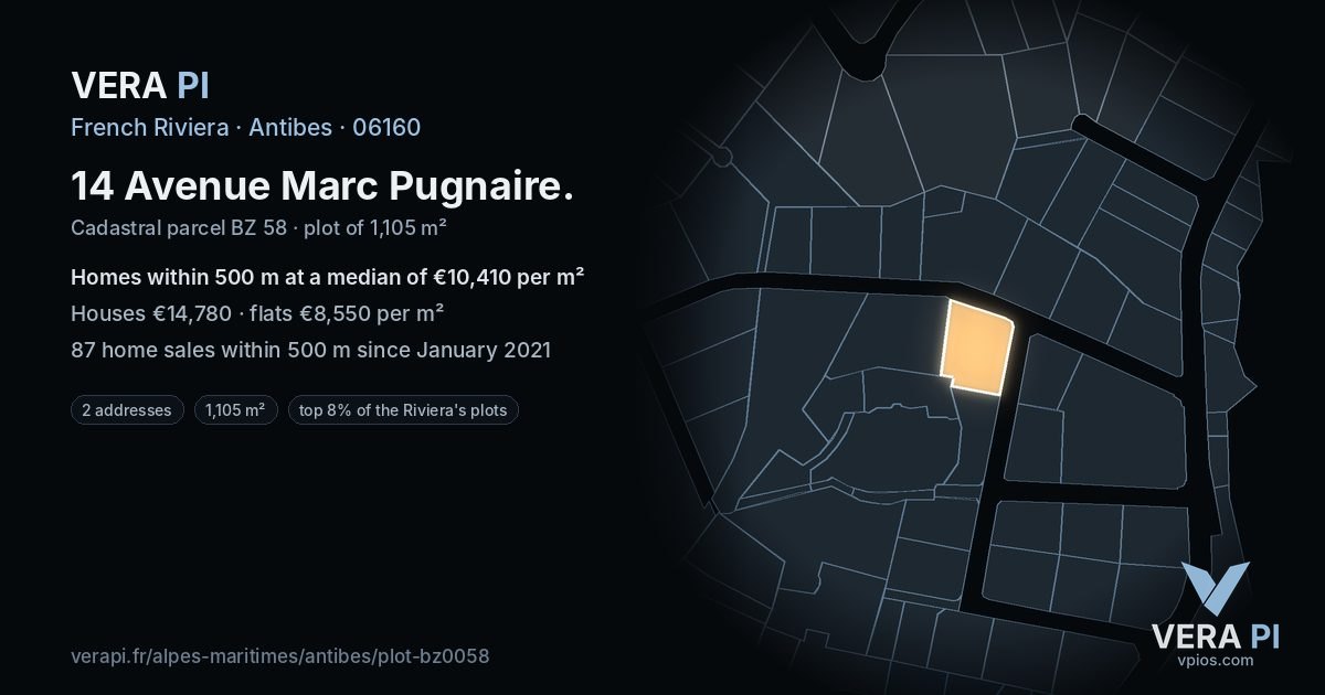14 Avenue Marc Pugnaire, Antibes at night – the plot lit, the parcels around coloured by the prices near them