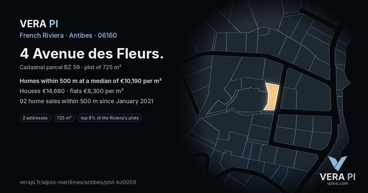 4 Avenue des Fleurs, Antibes at night – the plot lit, the parcels around coloured by the prices near them