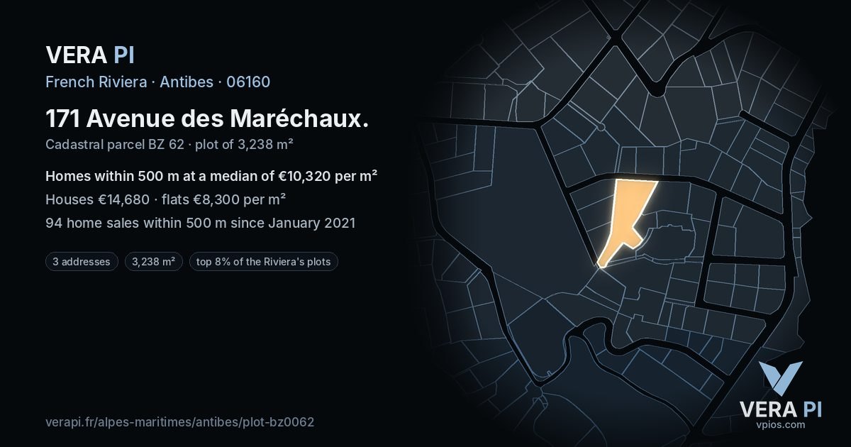 171 Avenue des Maréchaux, Antibes at night – the plot lit, the parcels around coloured by the prices near them