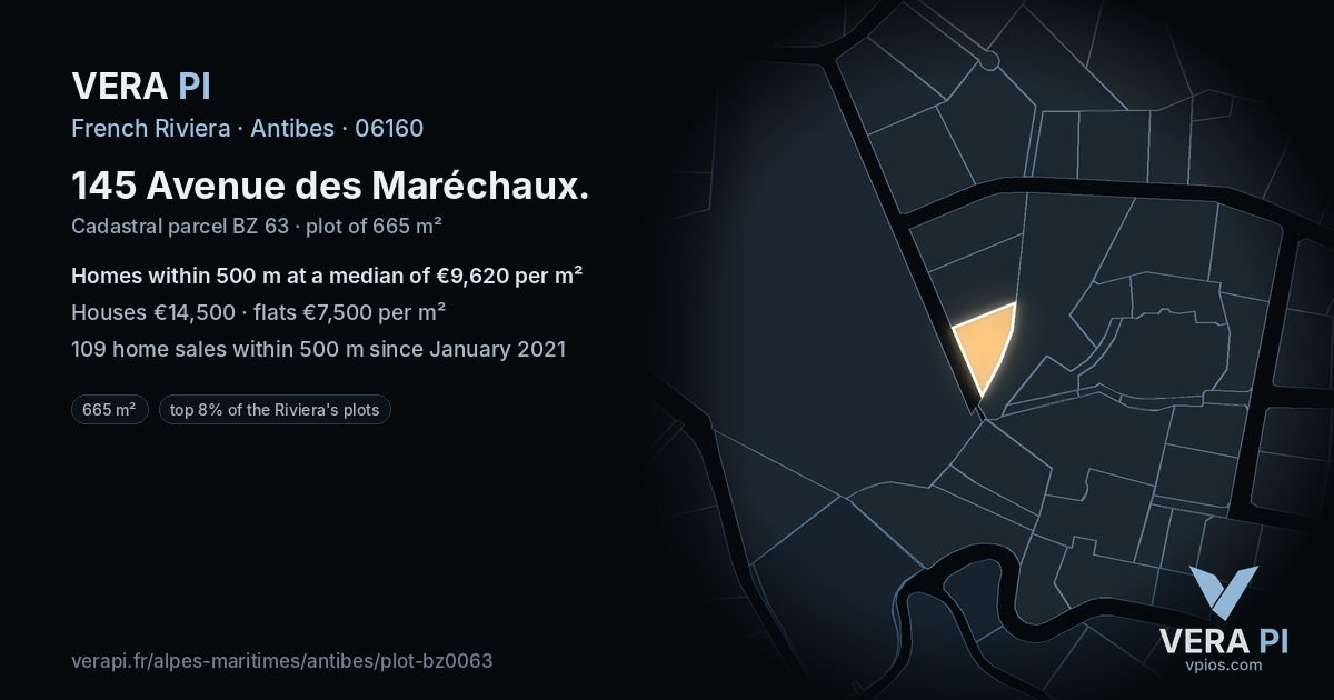 145 Avenue des Maréchaux, Antibes at night – the plot lit, the parcels around coloured by the prices near them