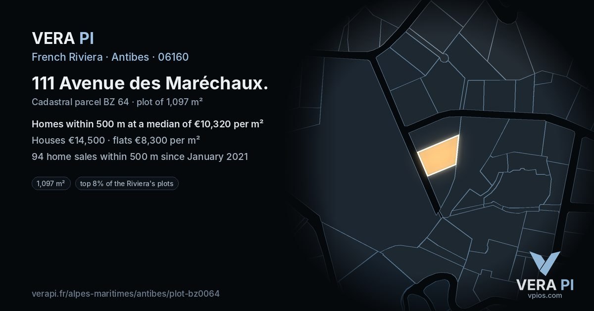 111 Avenue des Maréchaux, Antibes at night – the plot lit, the parcels around coloured by the prices near them