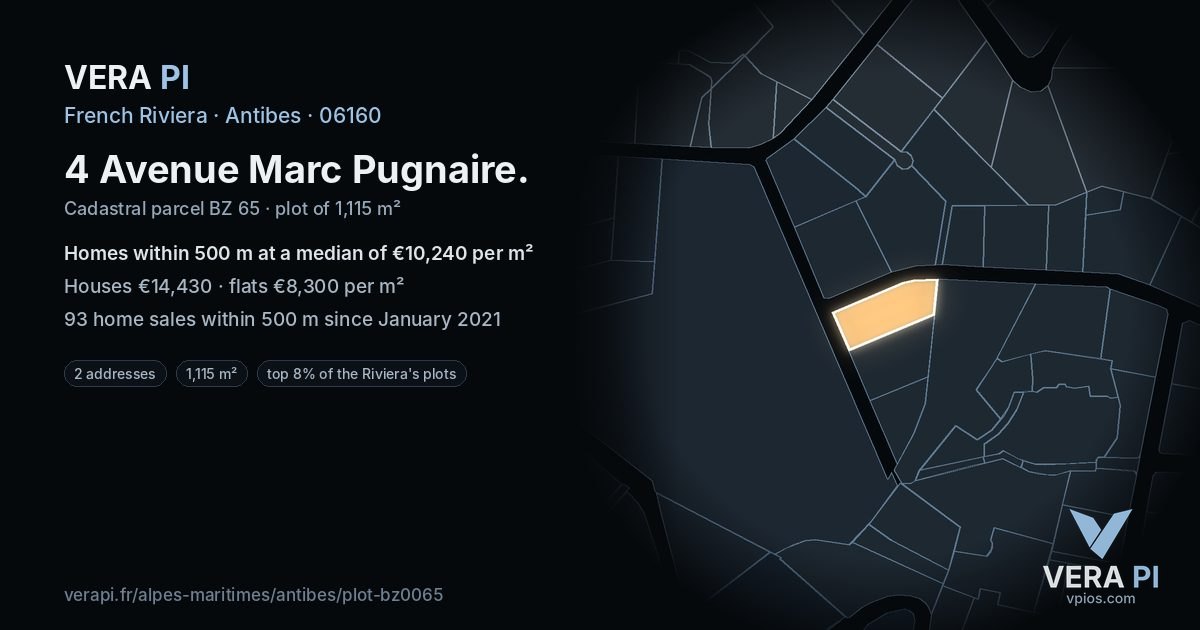 4 Avenue Marc Pugnaire, Antibes at night – the plot lit, the parcels around coloured by the prices near them