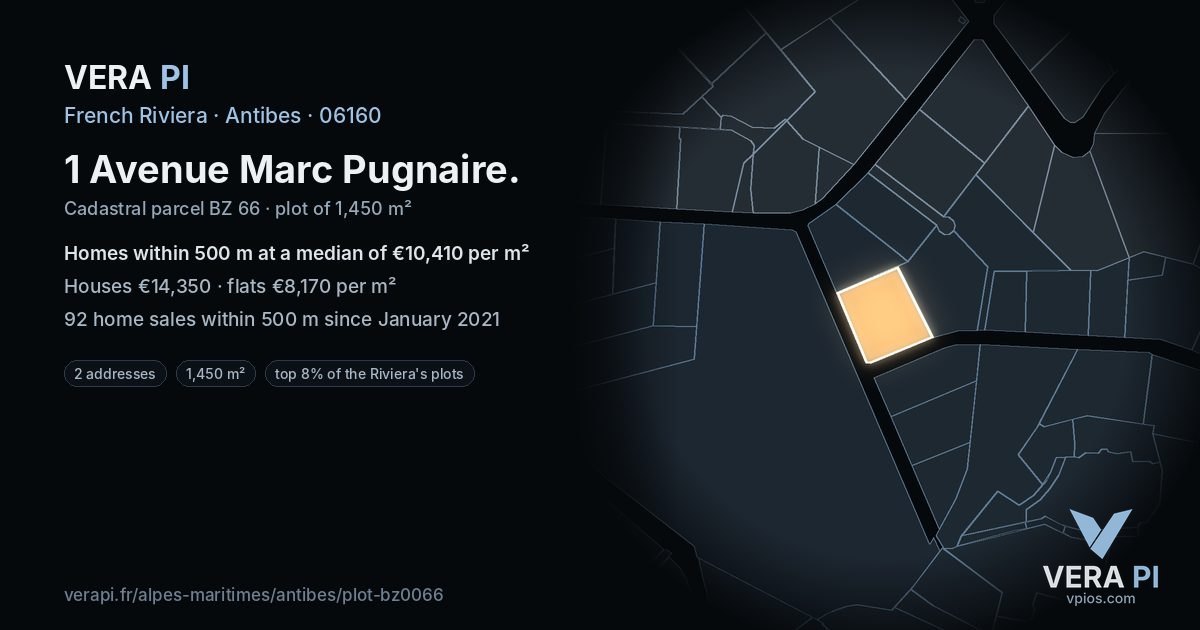 1 Avenue Marc Pugnaire, Antibes at night – the plot lit, the parcels around coloured by the prices near them