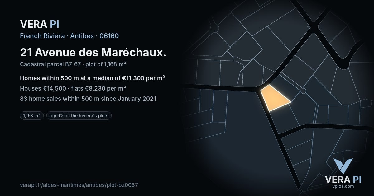 21 Avenue des Maréchaux, Antibes at night – the plot lit, the parcels around coloured by the prices near them