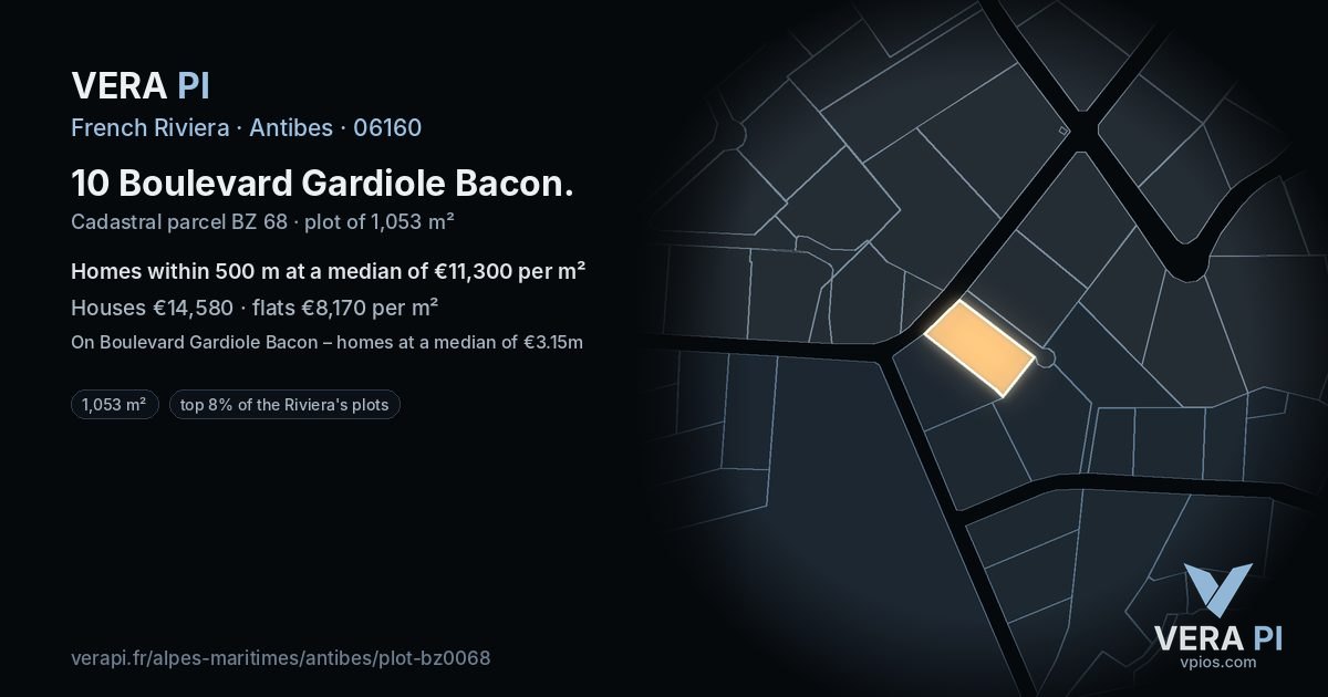 10 Boulevard Gardiole Bacon, Antibes at night – the plot lit, the parcels around coloured by the prices near them
