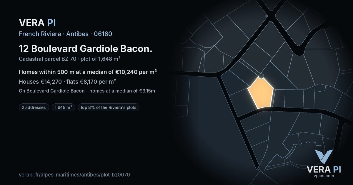 12 Boulevard Gardiole Bacon, Antibes at night – the plot lit, the parcels around coloured by the prices near them