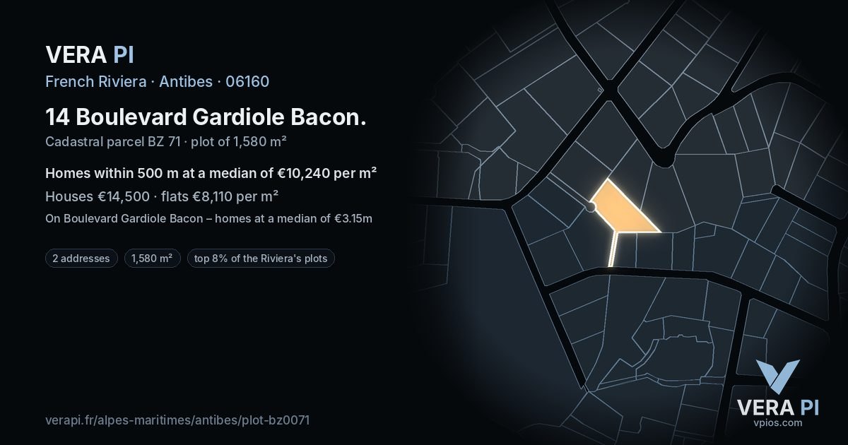 14 Boulevard Gardiole Bacon, Antibes at night – the plot lit, the parcels around coloured by the prices near them