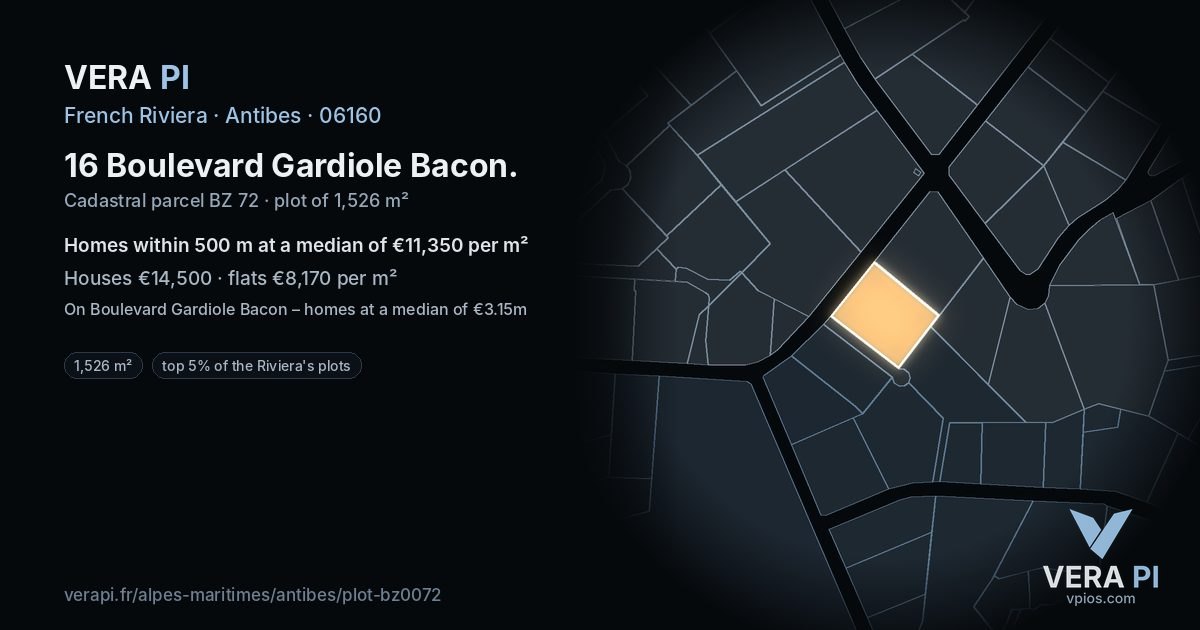 16 Boulevard Gardiole Bacon, Antibes at night – the plot lit, the parcels around coloured by the prices near them