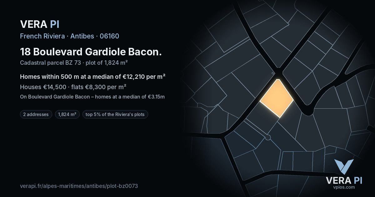 18 Boulevard Gardiole Bacon, Antibes at night – the plot lit, the parcels around coloured by the prices near them