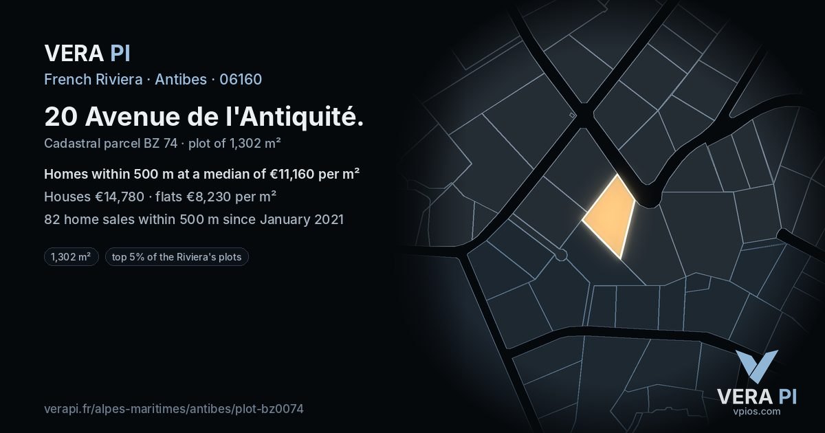 20 Avenue de l'Antiquité, Antibes at night – the plot lit, the parcels around coloured by the prices near them