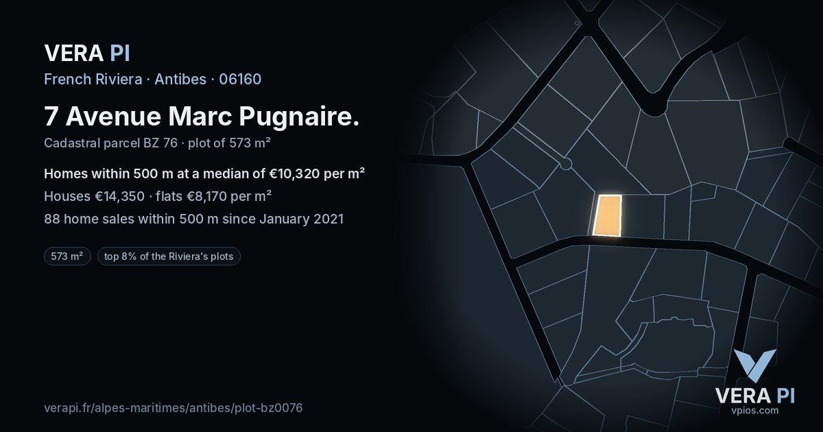 7 Avenue Marc Pugnaire, Antibes at night – the plot lit, the parcels around coloured by the prices near them