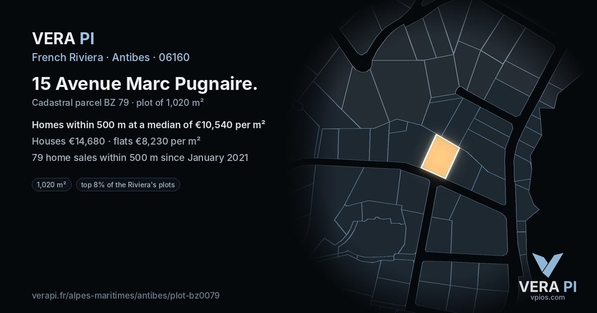 15 Avenue Marc Pugnaire, Antibes at night – the plot lit, the parcels around coloured by the prices near them