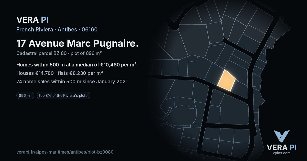 17 Avenue Marc Pugnaire, Antibes at night – the plot lit, the parcels around coloured by the prices near them