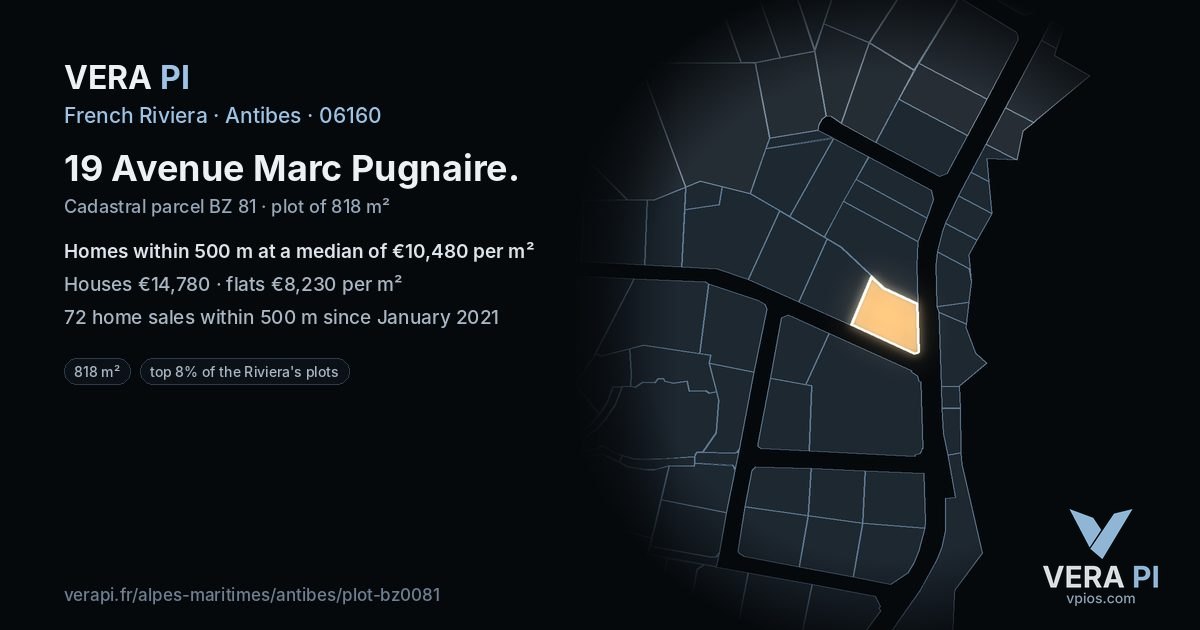 19 Avenue Marc Pugnaire, Antibes at night – the plot lit, the parcels around coloured by the prices near them