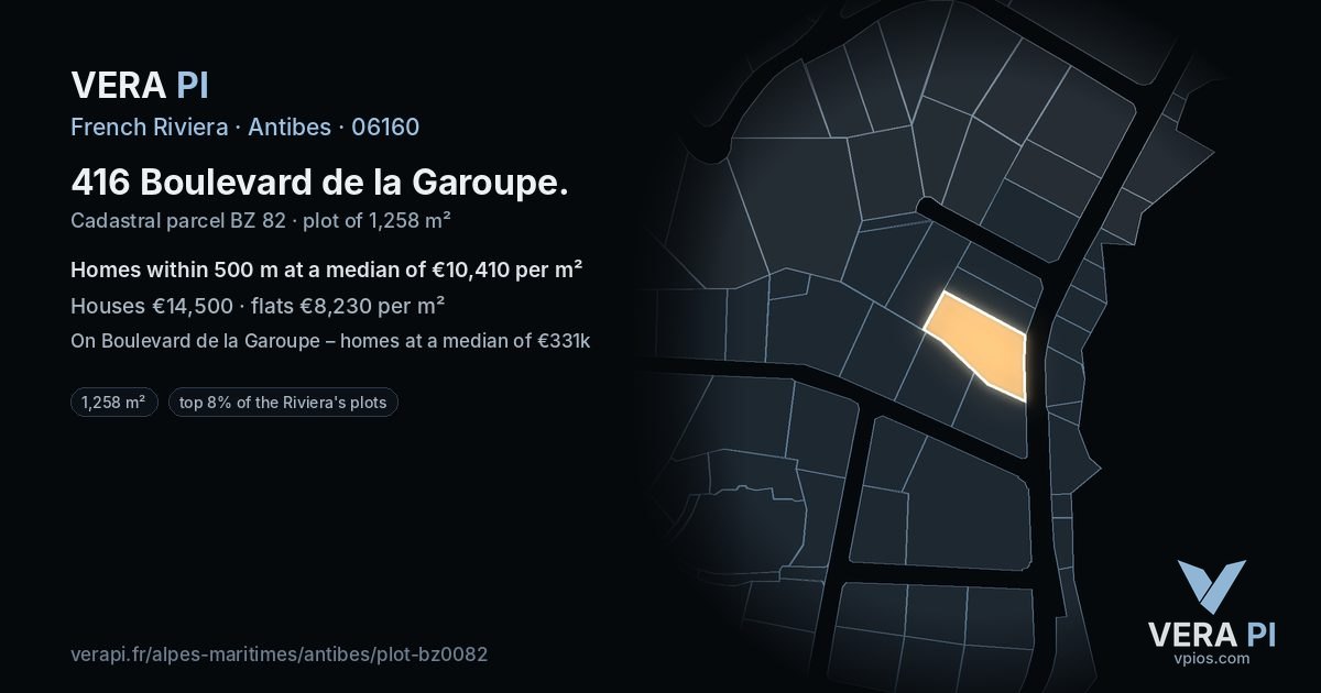 416 Boulevard de la Garoupe, Antibes at night – the plot lit, the parcels around coloured by the prices near them