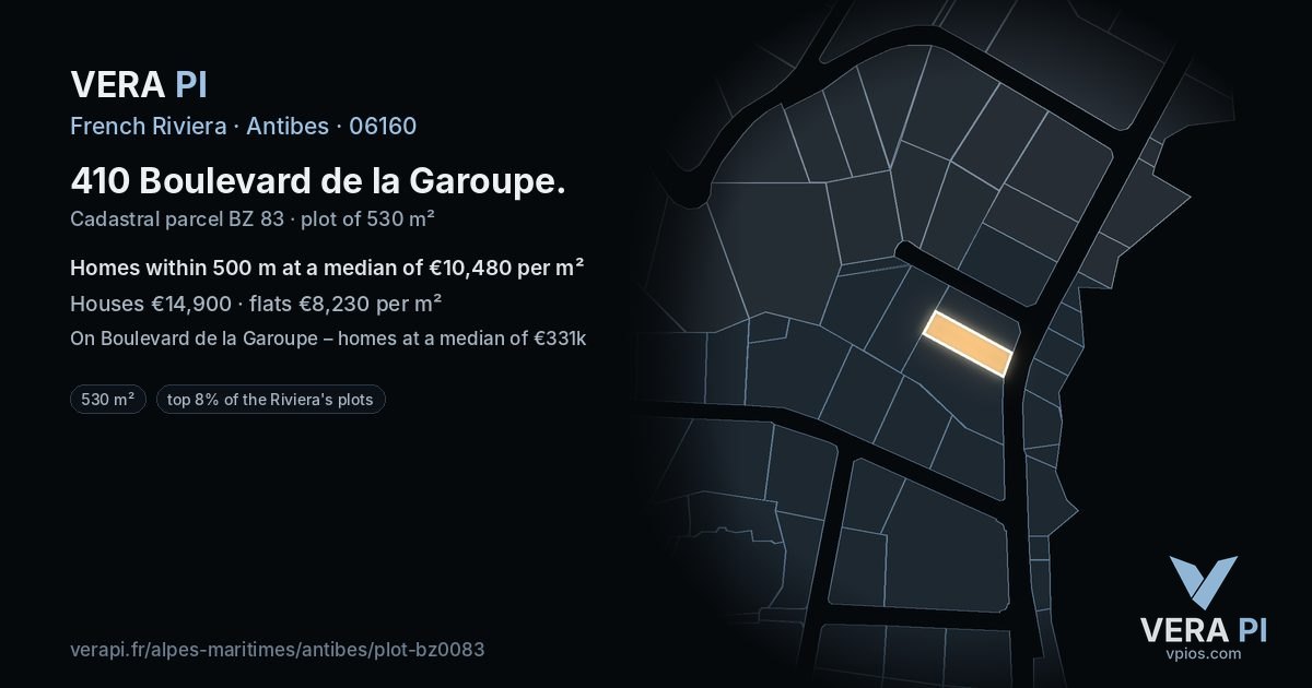 410 Boulevard de la Garoupe, Antibes at night – the plot lit, the parcels around coloured by the prices near them