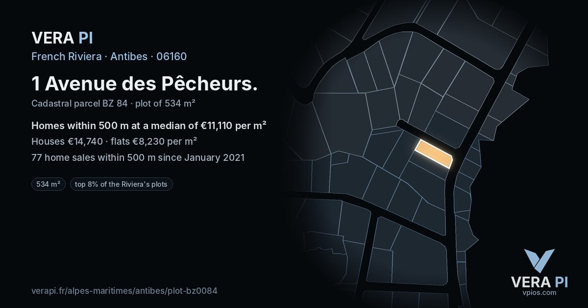 1 Avenue des Pêcheurs, Antibes at night – the plot lit, the parcels around coloured by the prices near them