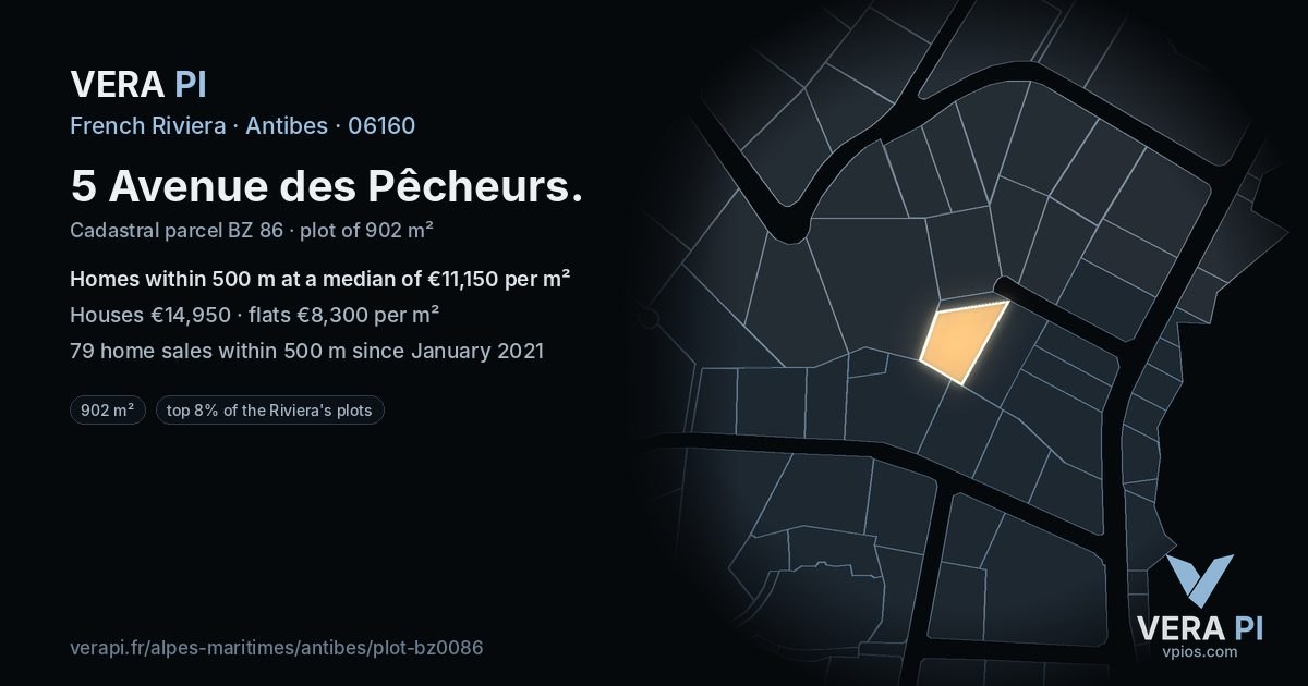 5 Avenue des Pêcheurs, Antibes at night – the plot lit, the parcels around coloured by the prices near them