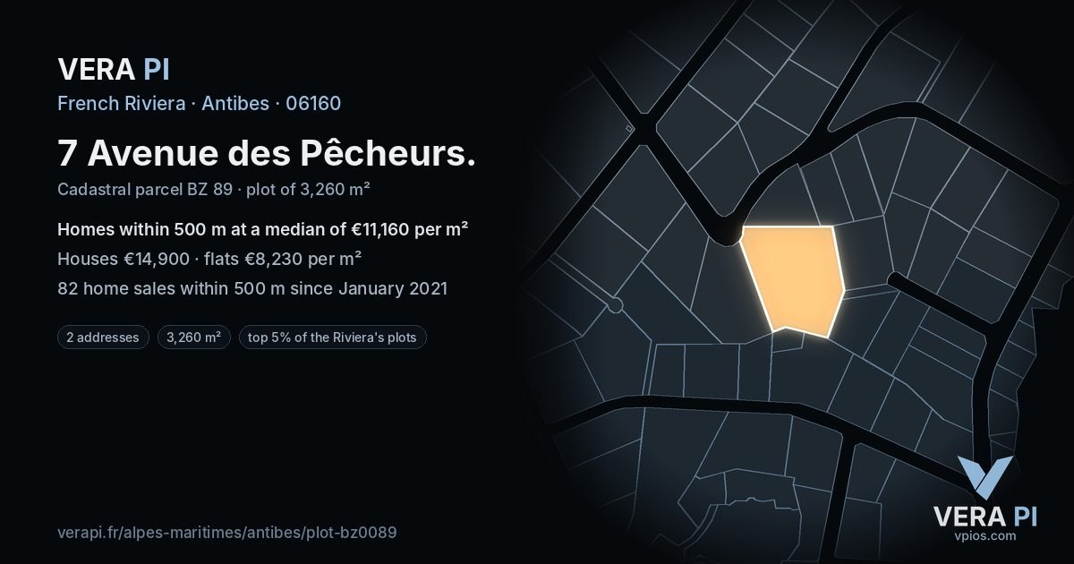 7 Avenue des Pêcheurs, Antibes at night – the plot lit, the parcels around coloured by the prices near them