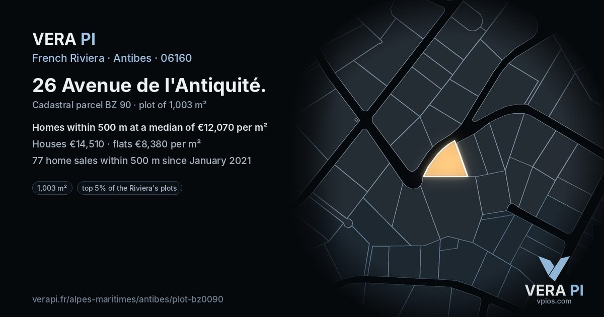 26 Avenue de l'Antiquité, Antibes at night – the plot lit, the parcels around coloured by the prices near them