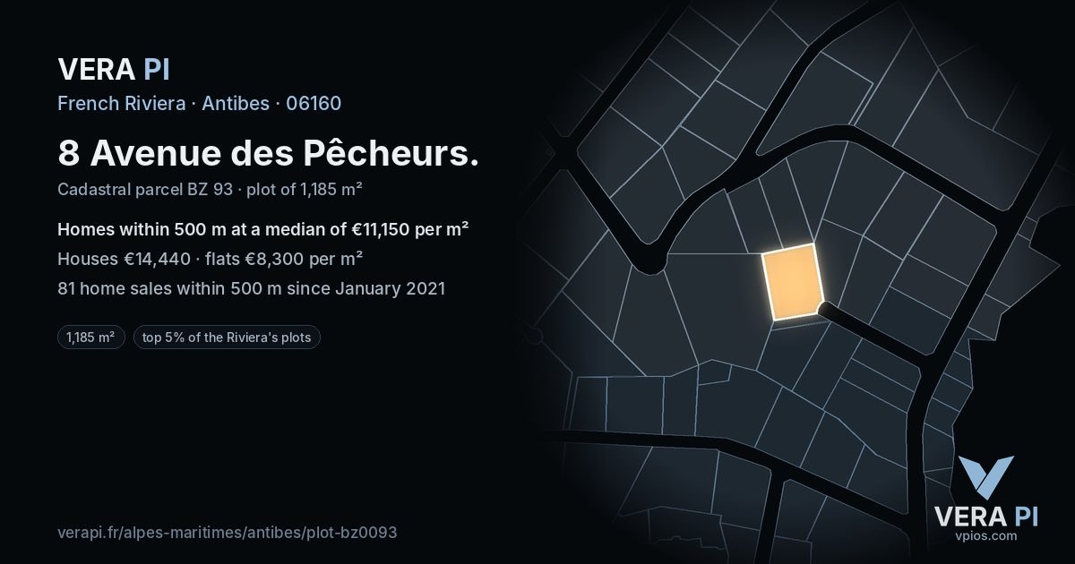 8 Avenue des Pêcheurs, Antibes at night – the plot lit, the parcels around coloured by the prices near them