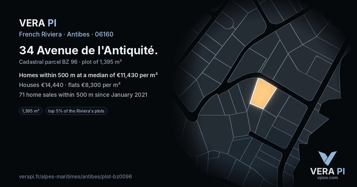 34 Avenue de l'Antiquité, Antibes at night – the plot lit, the parcels around coloured by the prices near them