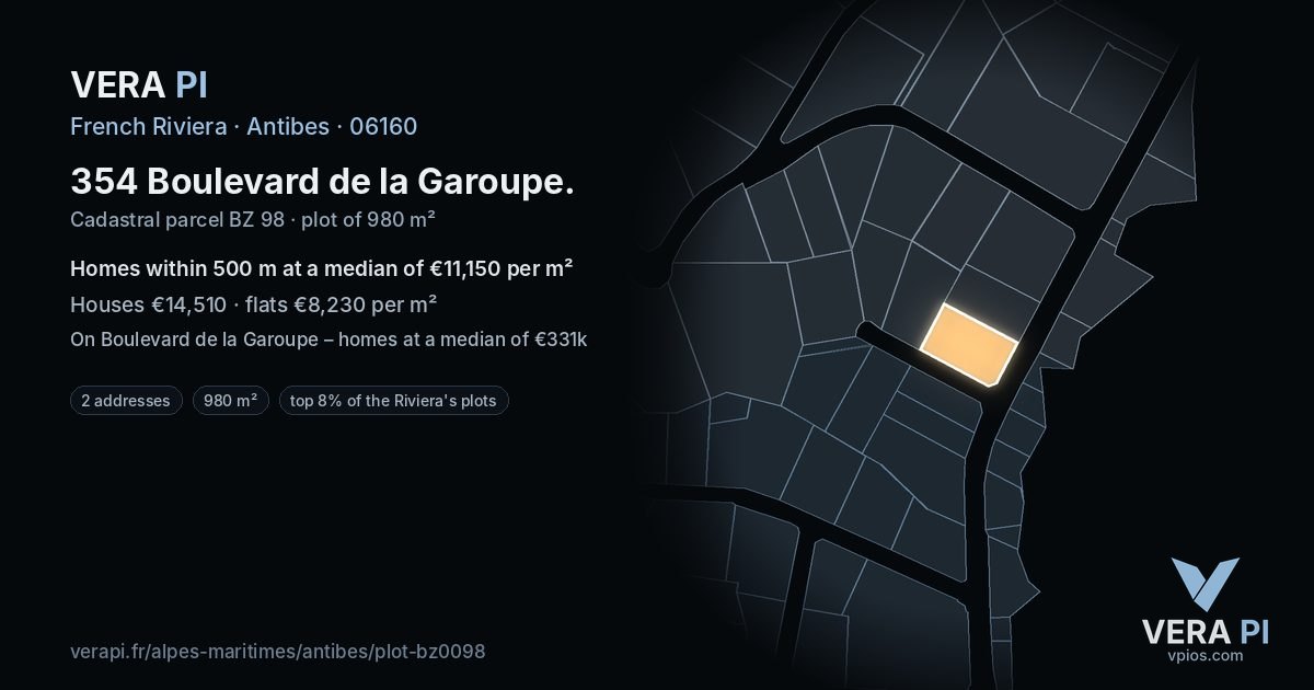 354 Boulevard de la Garoupe, Antibes at night – the plot lit, the parcels around coloured by the prices near them