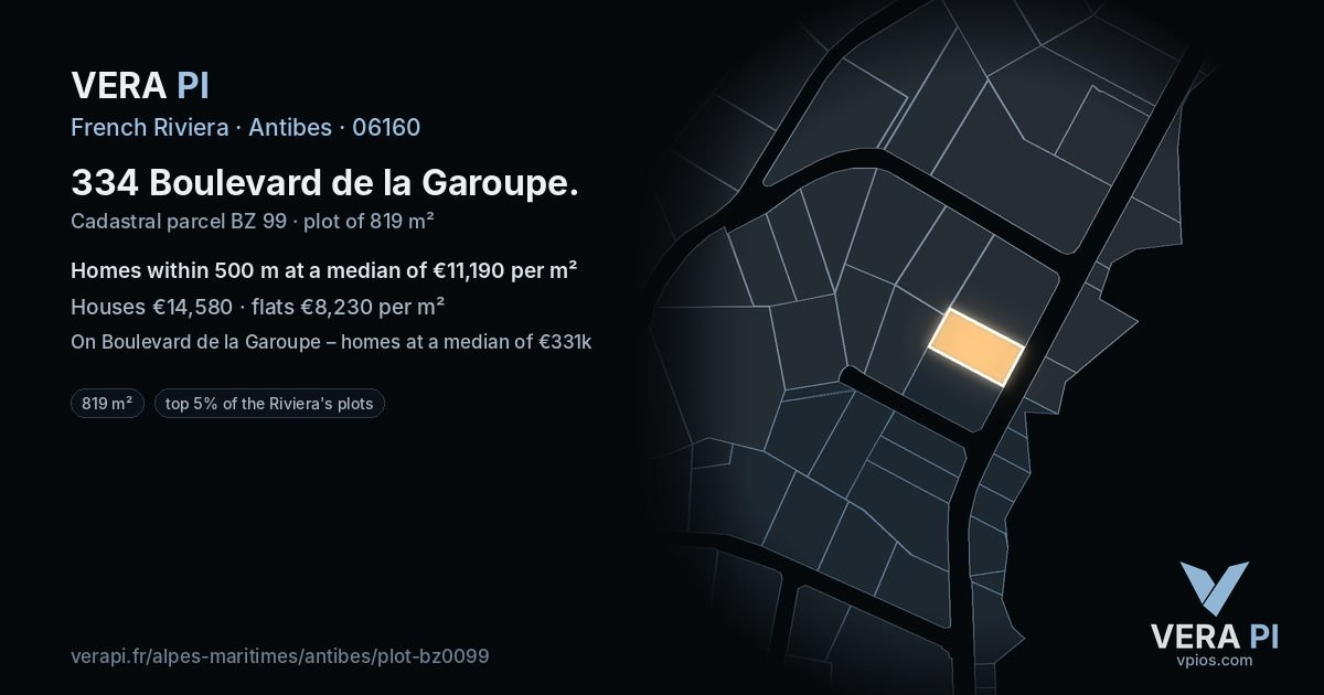 334 Boulevard de la Garoupe, Antibes at night – the plot lit, the parcels around coloured by the prices near them