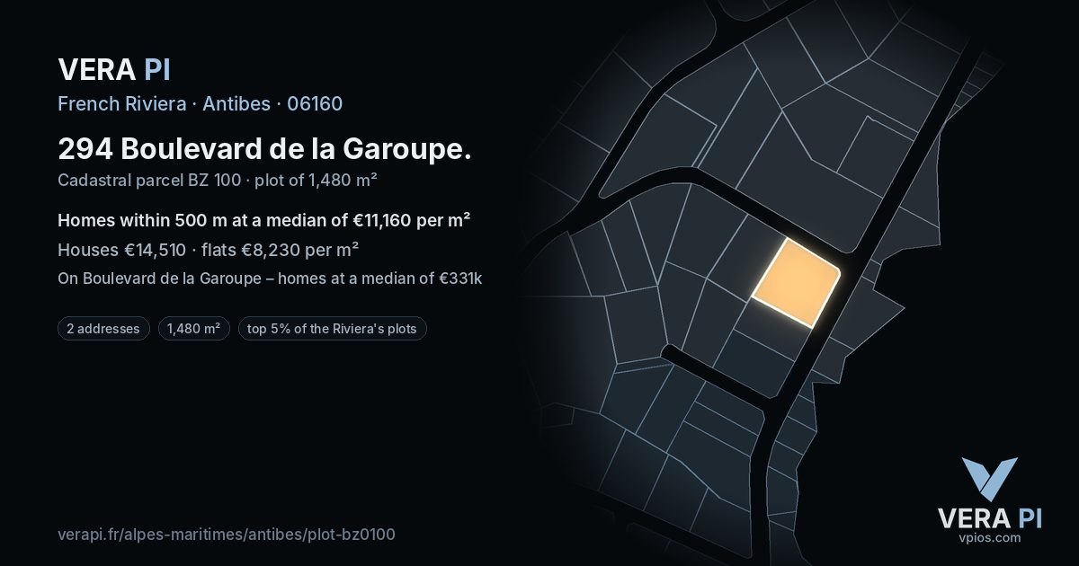 294 Boulevard de la Garoupe, Antibes at night – the plot lit, the parcels around coloured by the prices near them