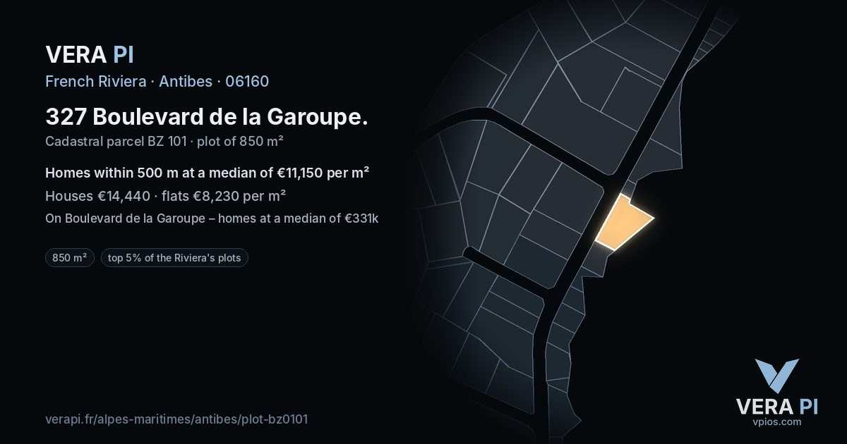 327 Boulevard de la Garoupe, Antibes at night – the plot lit, the parcels around coloured by the prices near them