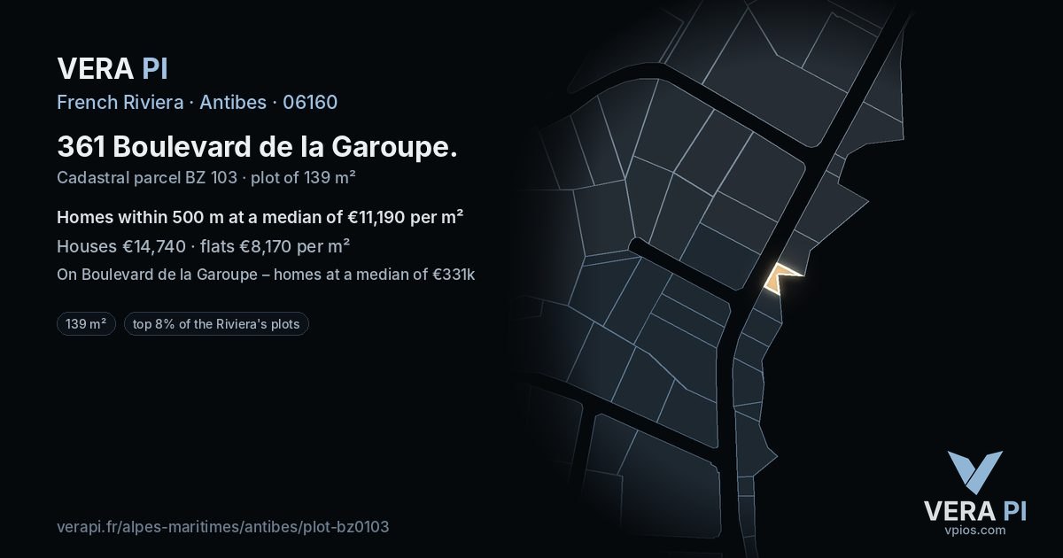 361 Boulevard de la Garoupe, Antibes at night – the plot lit, the parcels around coloured by the prices near them