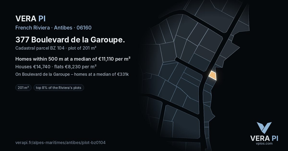 377 Boulevard de la Garoupe, Antibes at night – the plot lit, the parcels around coloured by the prices near them