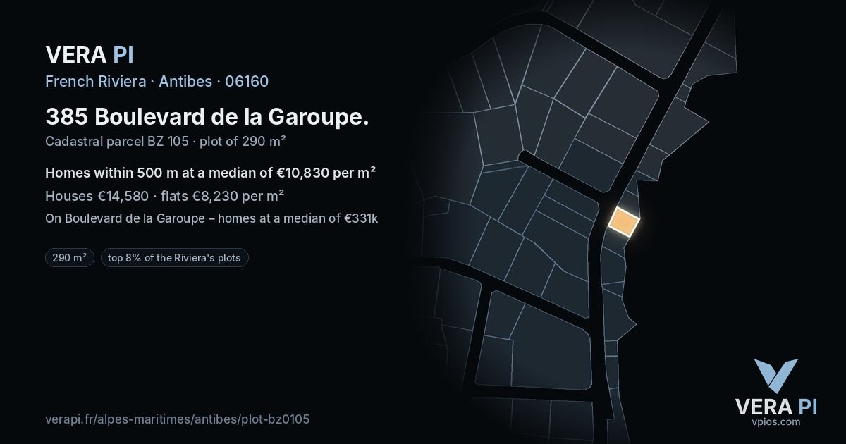 385 Boulevard de la Garoupe, Antibes at night – the plot lit, the parcels around coloured by the prices near them