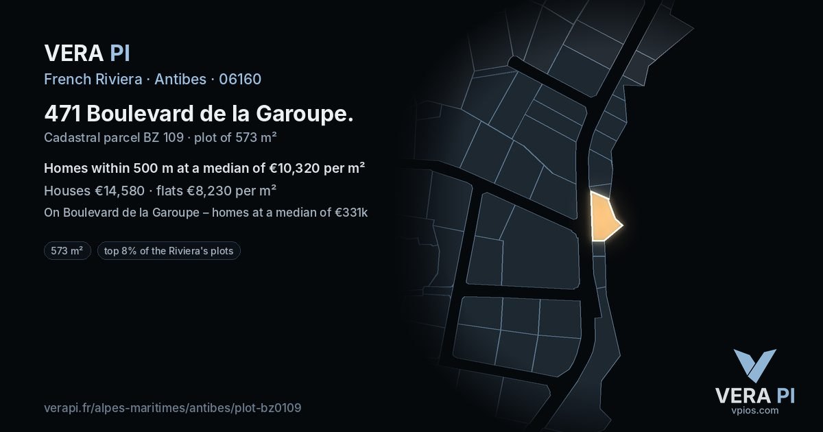 471 Boulevard de la Garoupe, Antibes at night – the plot lit, the parcels around coloured by the prices near them