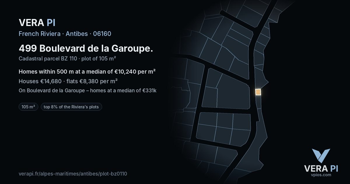 499 Boulevard de la Garoupe, Antibes at night – the plot lit, the parcels around coloured by the prices near them