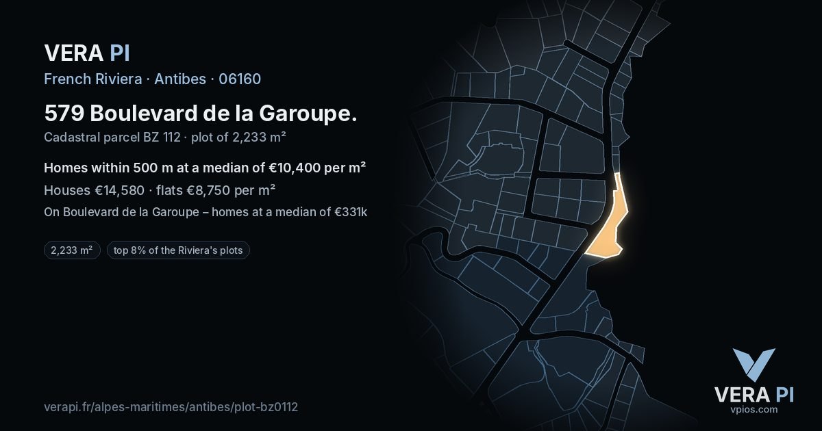 579 Boulevard de la Garoupe, Antibes at night – the plot lit, the parcels around coloured by the prices near them