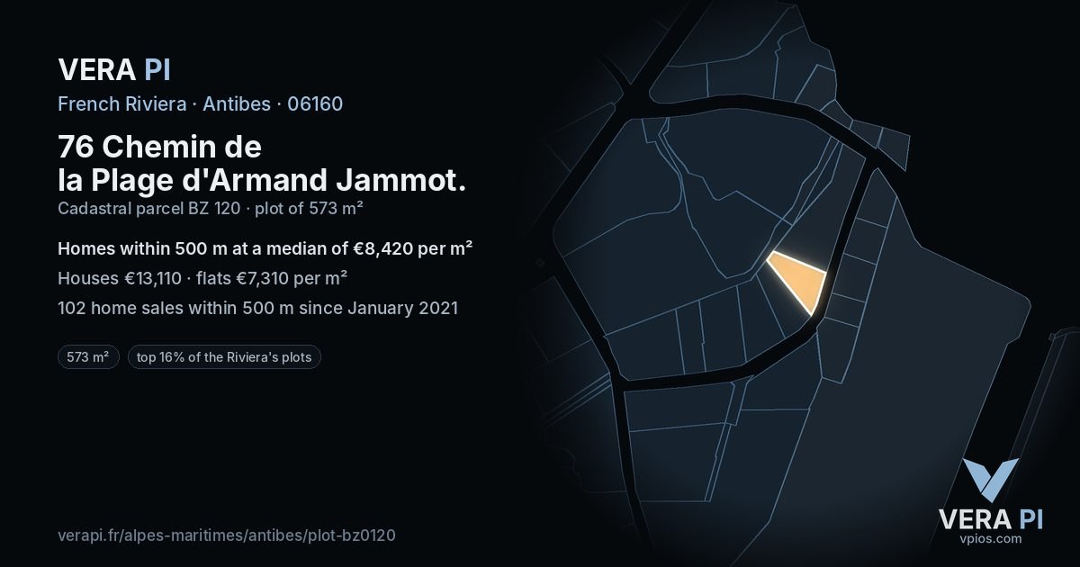 76 Chemin de la Plage d'Armand Jammot, Antibes at night – the plot lit, the parcels around coloured by the prices near them