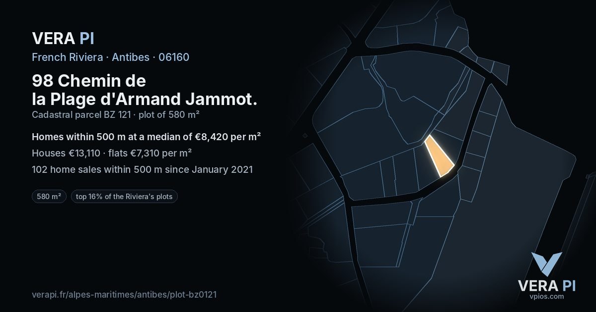 98 Chemin de la Plage d'Armand Jammot, Antibes at night – the plot lit, the parcels around coloured by the prices near them