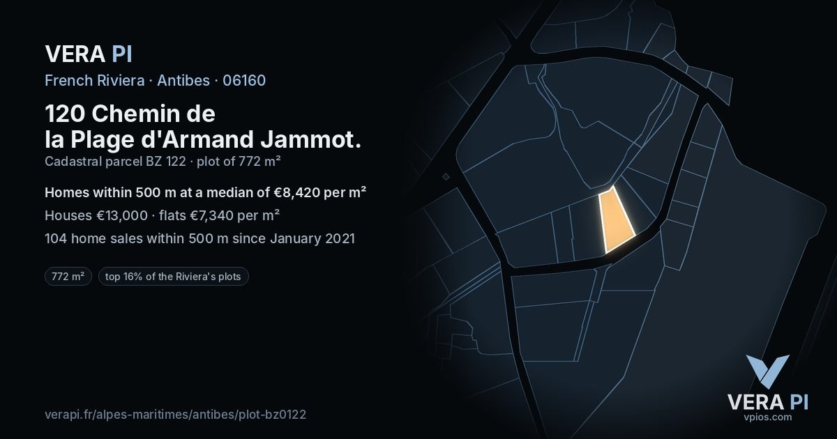 120 Chemin de la Plage d'Armand Jammot, Antibes at night – the plot lit, the parcels around coloured by the prices near them