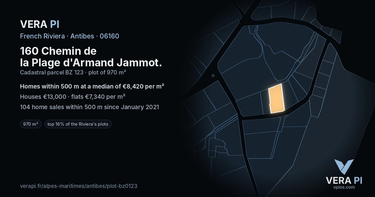 160 Chemin de la Plage d'Armand Jammot, Antibes at night – the plot lit, the parcels around coloured by the prices near them